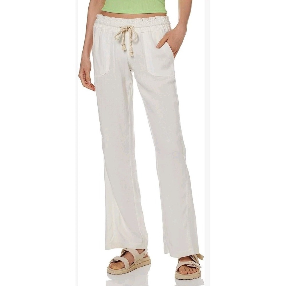 Roxy Womens Off White Linen‎ Elastic Waist Oceanside Pants Size Large Casual New